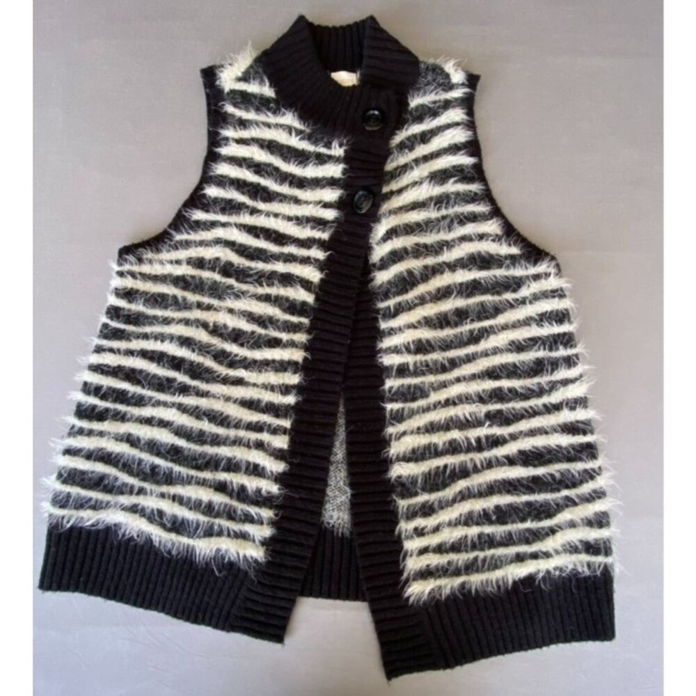 Chico's Size 2 Black White Eyelash Knit Sweater Vest Wool Mohair Striped